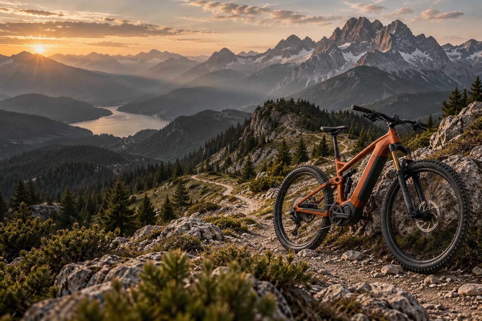 KI-generiertes Stimmungsmotiv: orangefarbenes E-Mountainbike auf einem alpinen Bergrücken